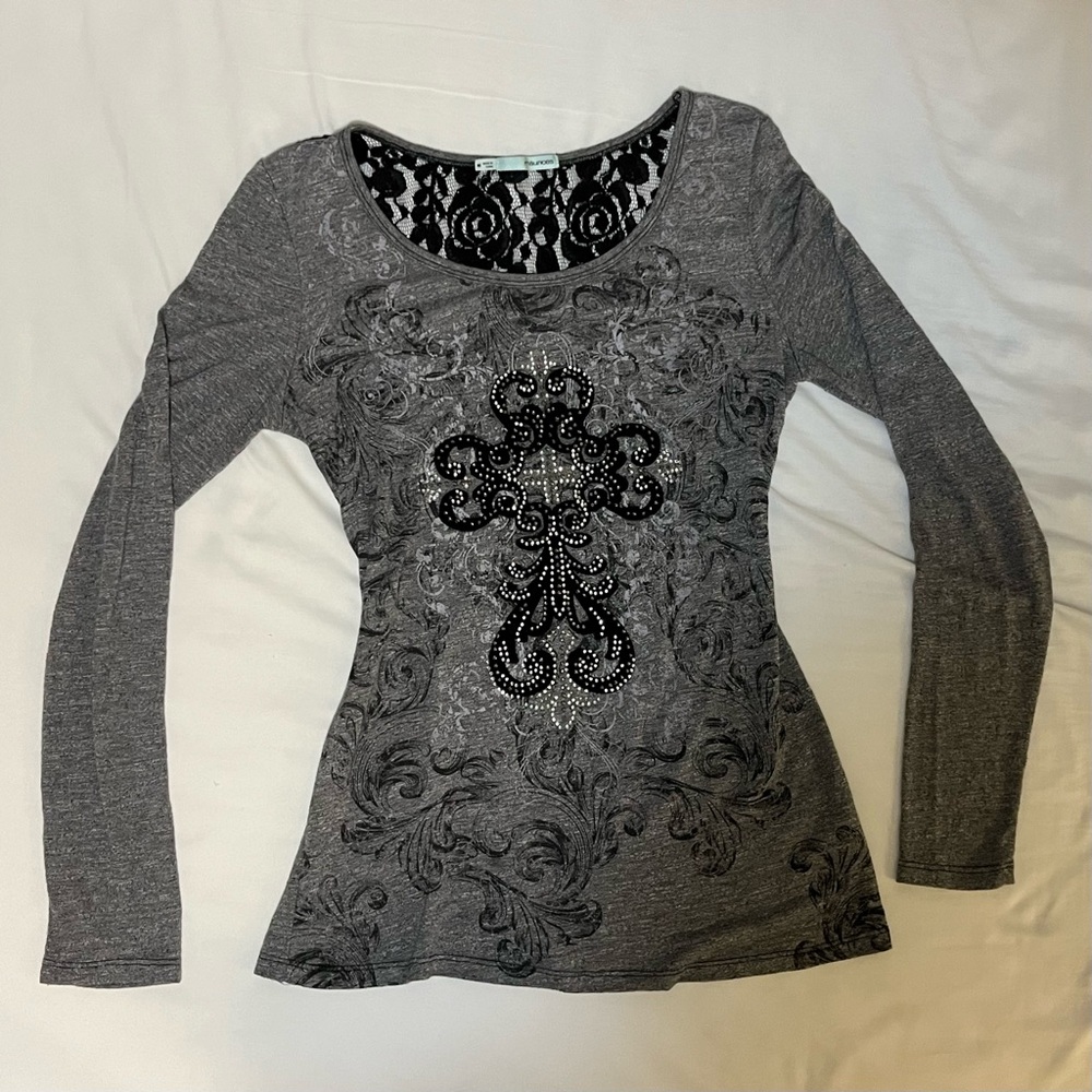 Maurices Grey & Black Bedazzled Cross Lace Long Sleeve Sweater Y2K Emo Grunge